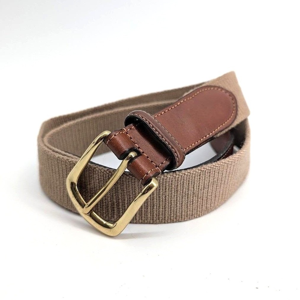 Vintage 90s Torino Canvas‎ & Leather Belt Made in USA 1990s Prep Brass Buckle 34